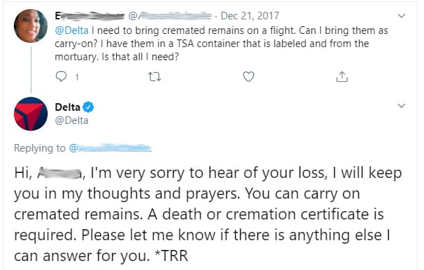 delta airlines policy on cremated remains