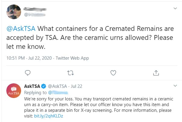 cremated remains on a plane