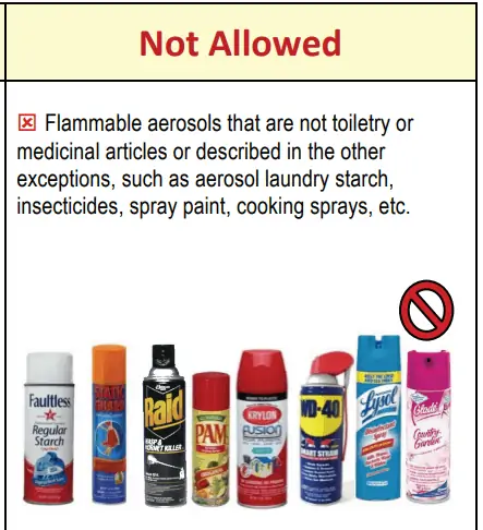 FAA booklet showing that Lysol spray is not allowed on a plane