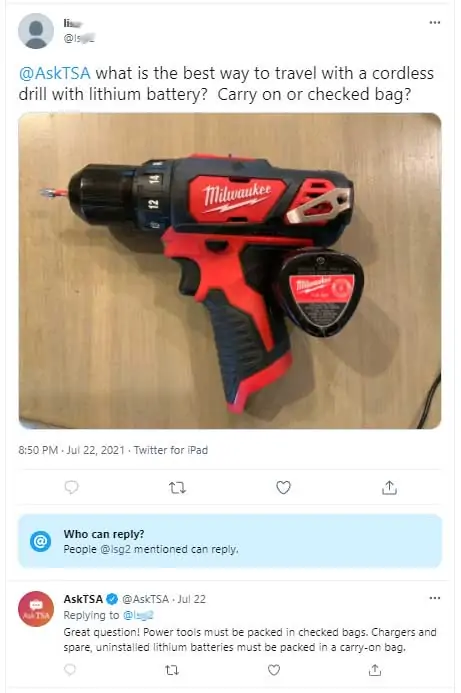 Image taken from Twitter showing a cordless drill with a lithium battery that is to be carried on plane