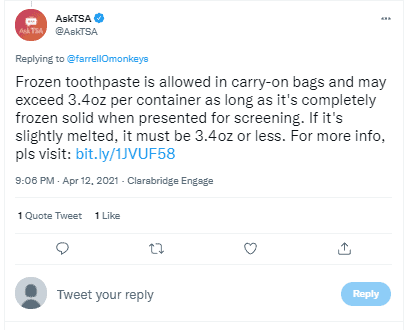 Can larger frozen toothpaste be taken through security