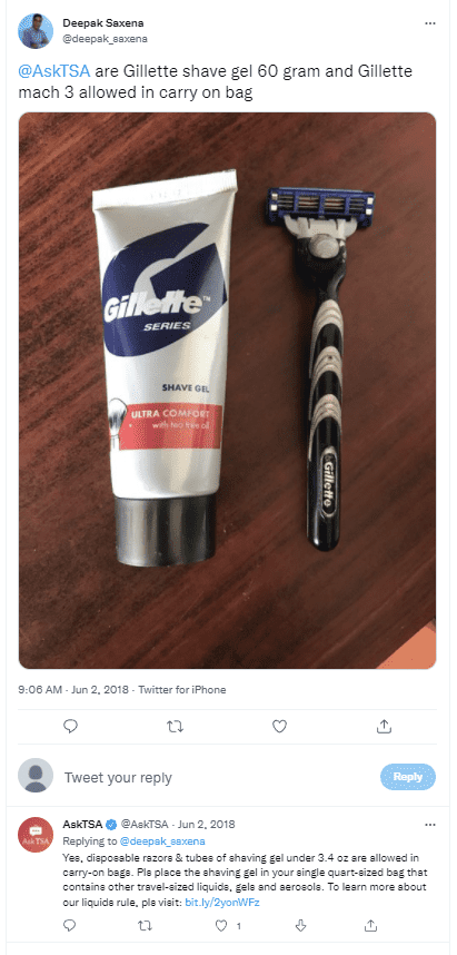 TSA advice on carrying Gillette razors