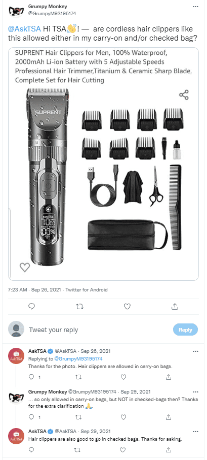 Rechargeable hair clippers in carry on
