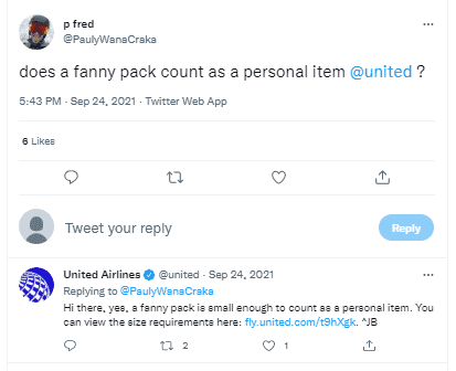 is a fanny pack considered a personal item United Airlines