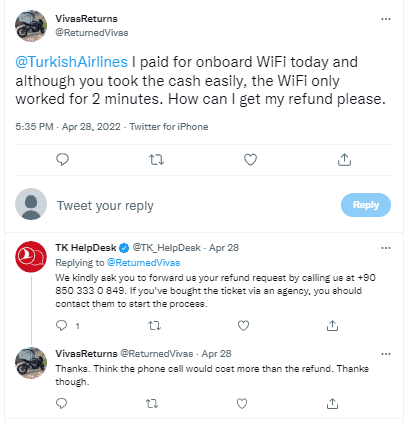 Turkish Airlines wifi refund