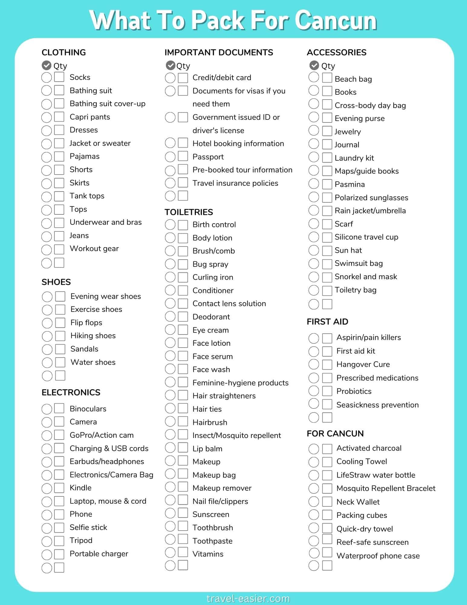 printable cancun packing list