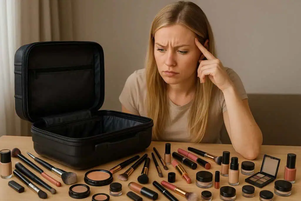a woman wondering can I take makeup on a plane in my purse