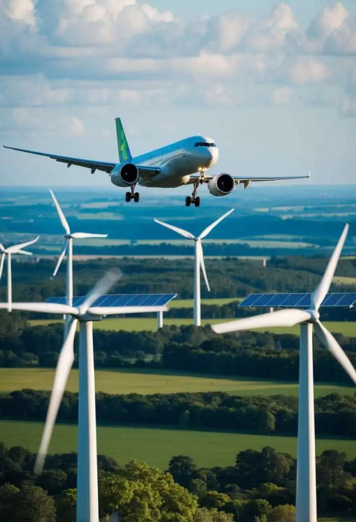 A modern airplane flying above a lush green landscape, with wind turbines and solar panels visible in the background