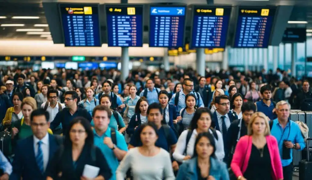 A crowded airport terminal with people rushing to catch their flights, while others anxiously check the departure boards