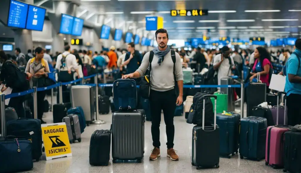 A traveler stands in a crowded airport, surrounded by chaotic scenes of missed flights, long lines, and frustrated passengers. Baggage and signs are scattered around, adding to the sense of disarray