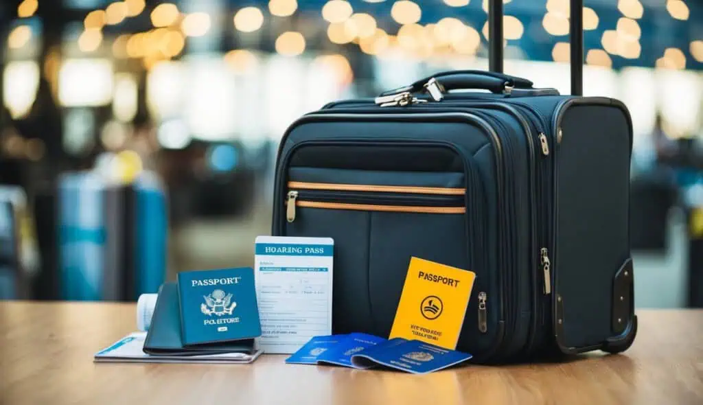 A suitcase packed with travel essentials, surrounded by a passport, boarding pass, and a travel guide