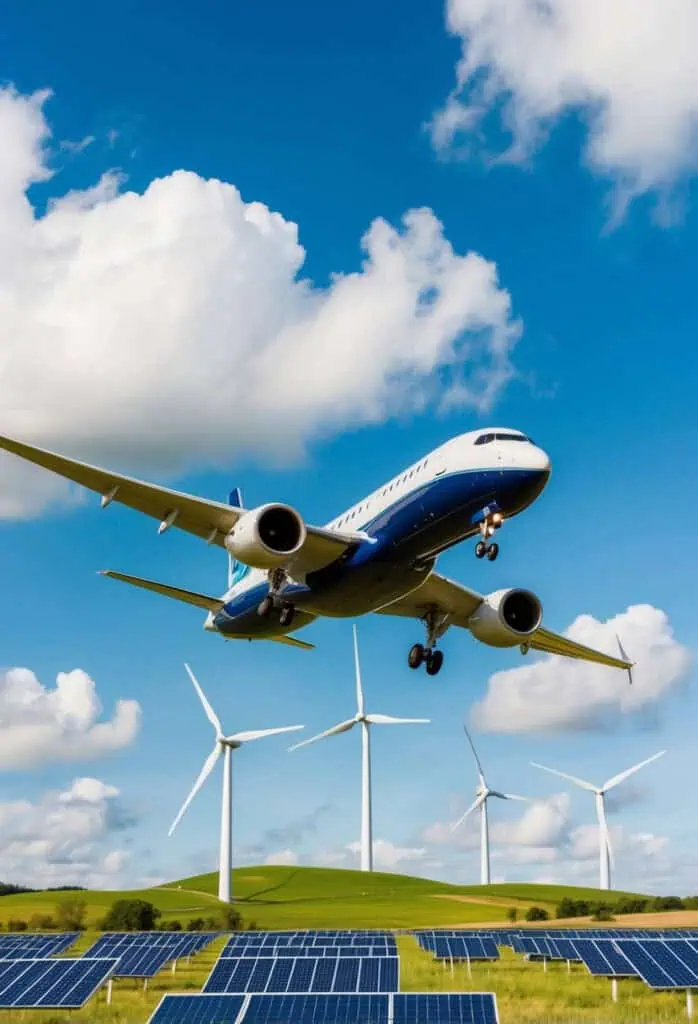 A sleek, modern airplane soaring through a clear blue sky, with fluffy white clouds and a backdrop of green, rolling hills. Wind turbines and solar panels dot the landscape below, showcasing sustainable energy sources