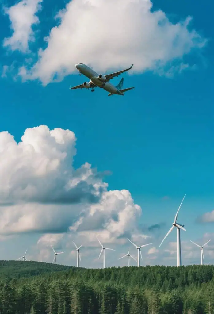 A lush green forest with a plane flying overhead, surrounded by clear blue skies and fluffy white clouds. Wind turbines in the distance symbolize eco-friendly travel