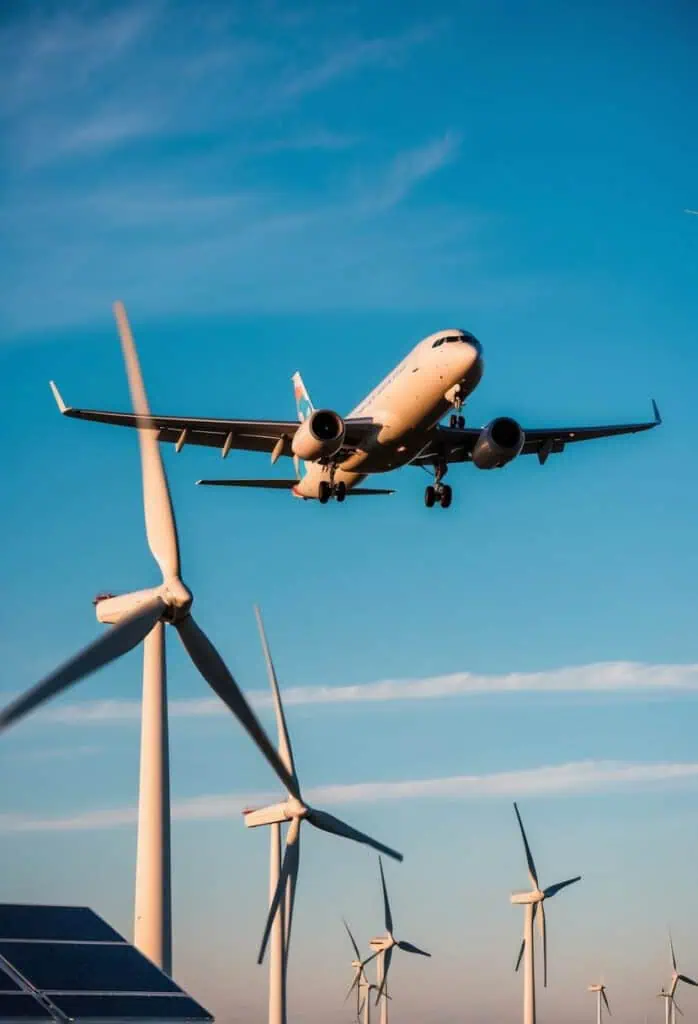 A plane flying through a clear blue sky, with wind turbines and solar panels visible in the background