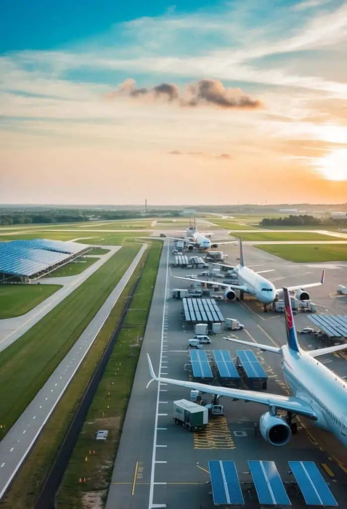 A bustling airport with planes on the runway, surrounded by greenery and renewable energy sources such as solar panels and wind turbines