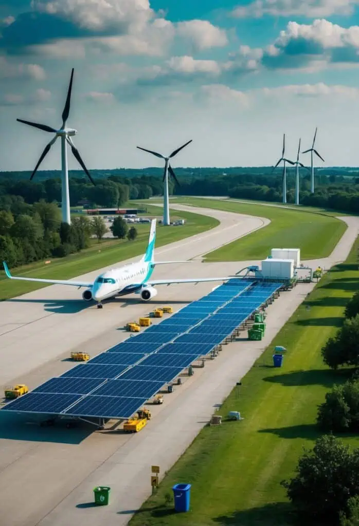 A tree-lined airport with electric planes, solar panels, and recycling bins. Wind turbines and greenery surround the runway