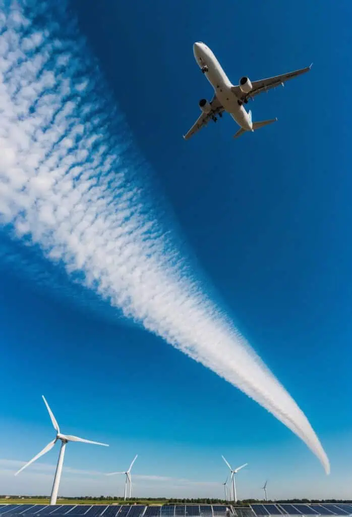 An airplane flying across a clear blue sky, leaving behind a trail of white clouds. Wind turbines and solar panels visible on the ground below