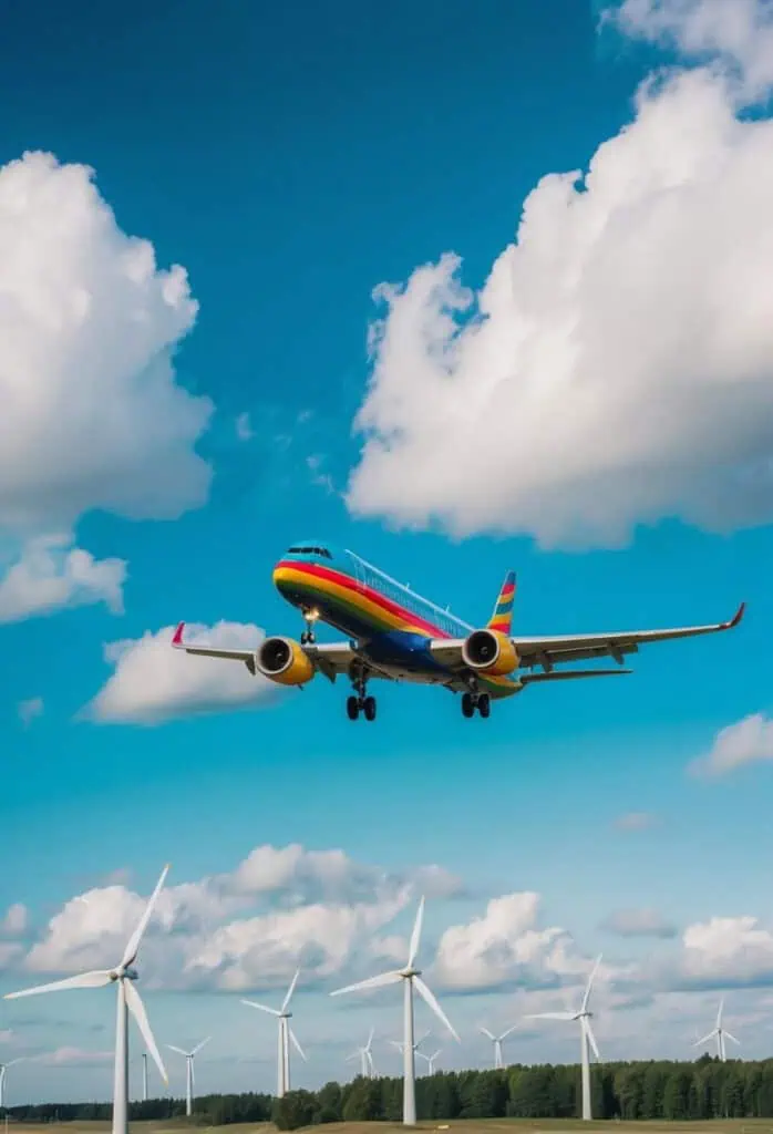 A colorful airliner flying through a clear blue sky with fluffy white clouds, surrounded by green trees and wind turbines on the ground