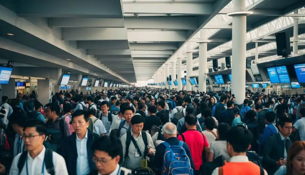 A crowded airport terminal with long lines, bustling travelers, and loudspeaker announcements