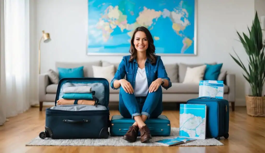 A traveler sits calmly with a packed suitcase, surrounded by travel guides and a map, smiling as they plan their stress-free journey