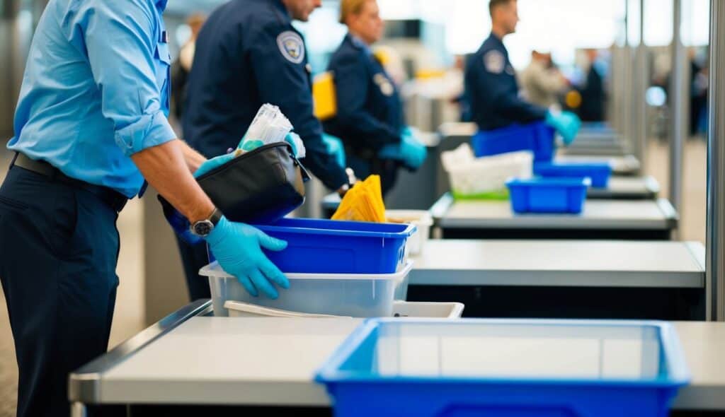 A traveler placing items in plastic bins for TSA PreCheck or regular screening at airport security checkpoint