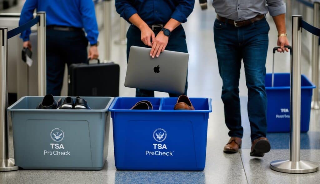 Passenger placing shoes, belt, and laptop in bins at TSA PreCheck lane. Regular lane shows passengers removing shoes, belts, and laptops for screening