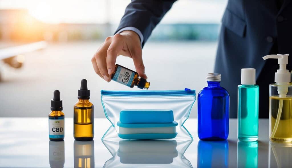 Can You Carry CBD Oil on Flights? The Surprising Legalities Revealed 1 A traveler placing a bottle of CBD oil into a clear plastic bag alongside other travel-sized liquids and gels, ready to pass through airport security
