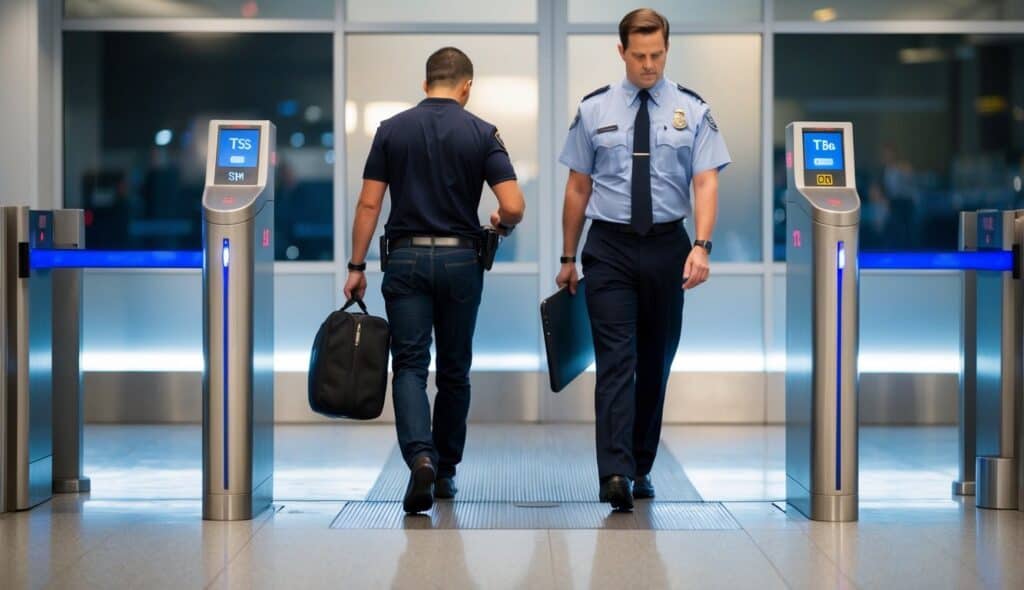 Passenger removing shoes, belt, and laptop from bag for regular security screening. TSA PreCheck passenger walking through metal detector without removing items