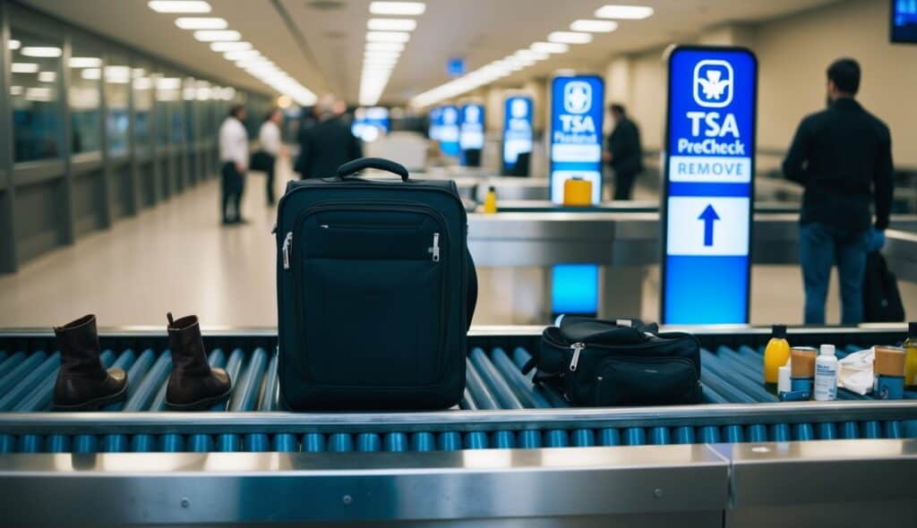 A traveler's belongings on a conveyor belt, with shoes, belts, and liquids removed for regular screening. In the background, a separate line for TSA PreCheck with minimal items to remove