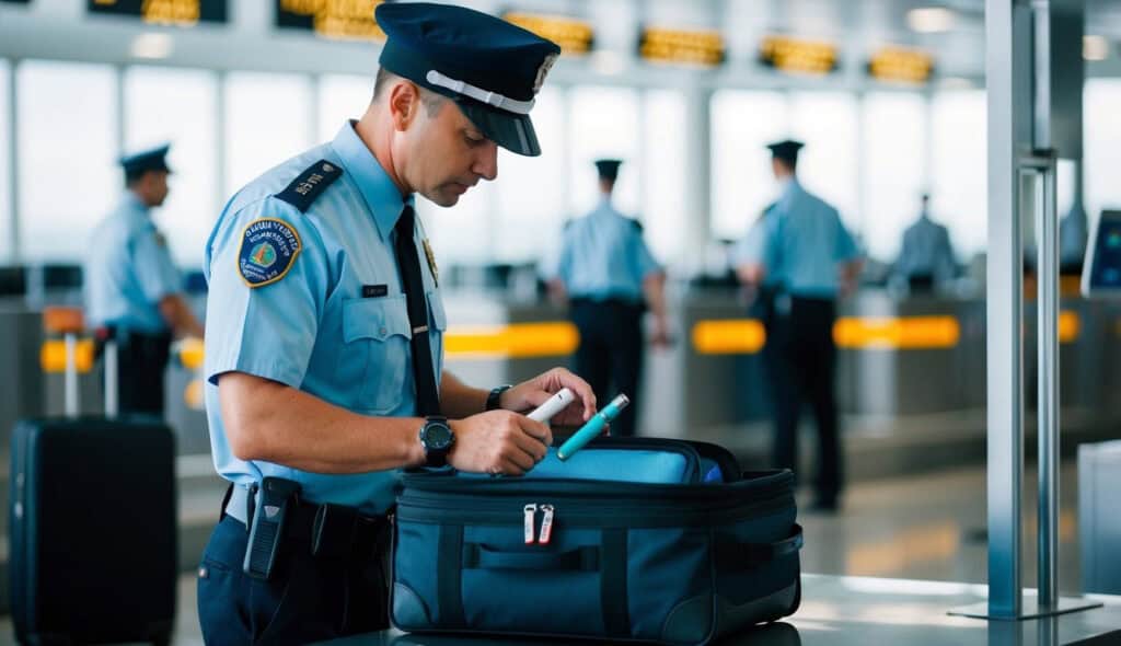E-Cigarettes Allowed in Carry-On? New TSA Guidelines for 2025 1 An airport security officer inspecting a carry-on bag with an e-cigarette inside