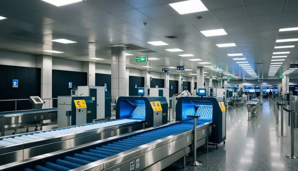 A security screening area with conveyor belts, x-ray machines, and metal detectors in various international airport settings