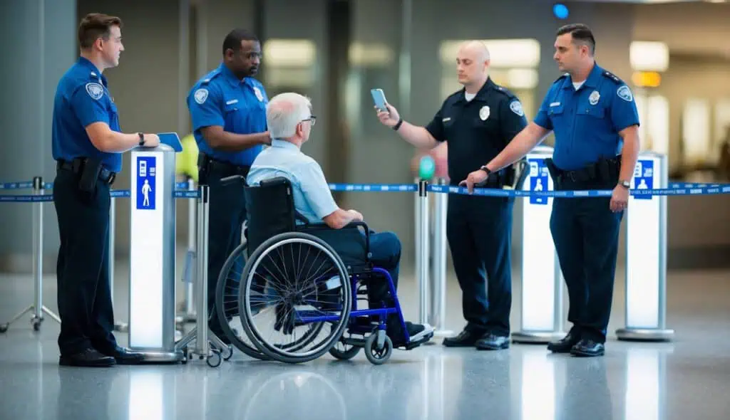 A person in a wheelchair waits as airport security personnel assist with screening equipment and guide them through the process