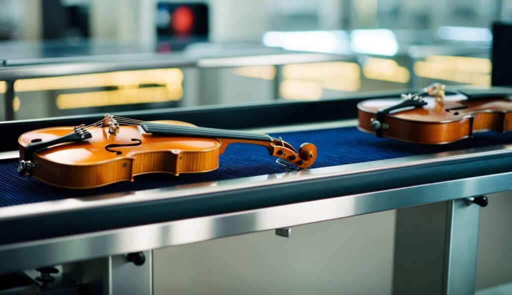 Musical instruments on conveyor belt, passing through airport security scanner