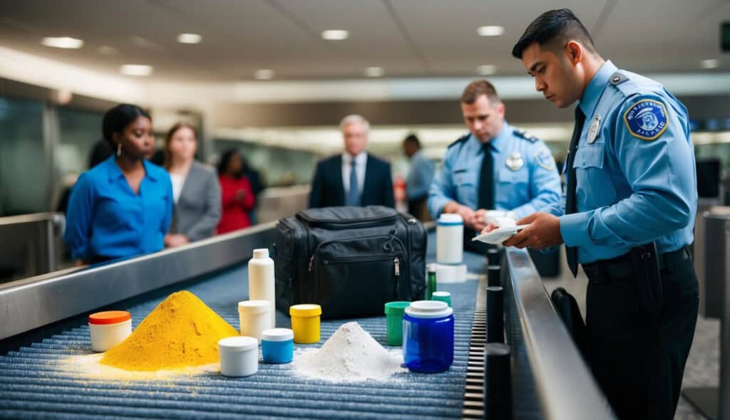 Flying Soon? Don't Get Stopped! New Rules on Powders in Carry-On 1 Various powders and containers are spread out on a conveyor belt at airport security. A TSA agent inspects a carry-on bag while a passenger looks on anxiously