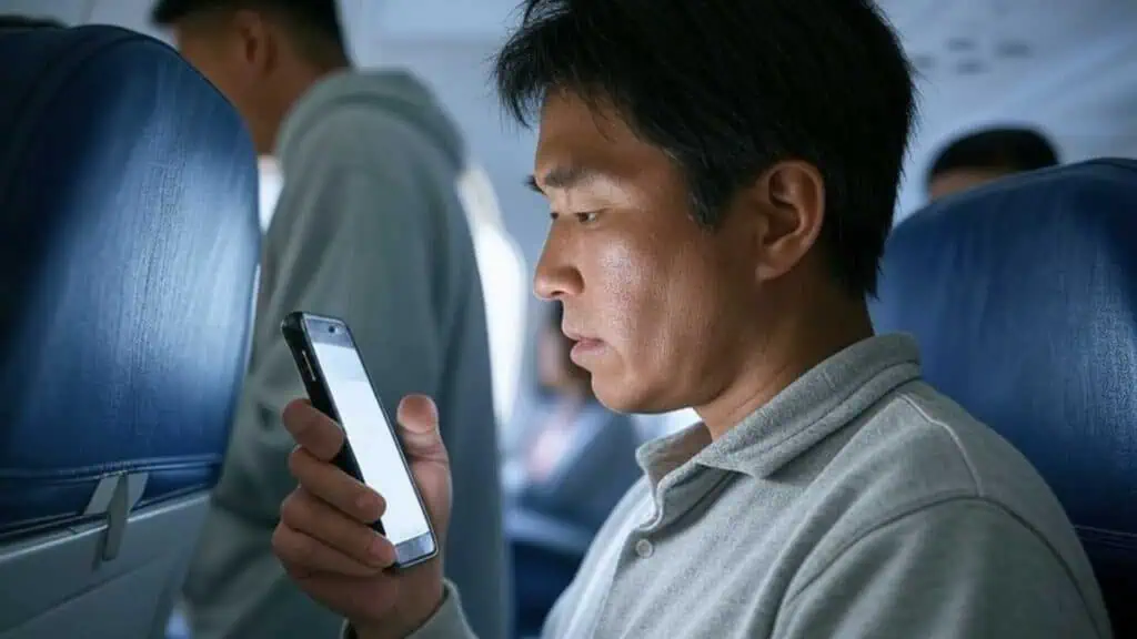 A man using inflight wifi to access the internet on his smartphone