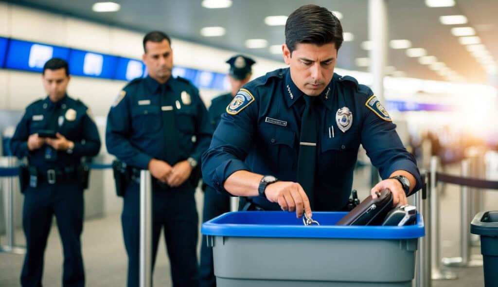 TSA Lost and Found Secrets: How to Quickly Retrieve Forgotten Items 1 An airport security officer searches through a bin of forgotten items, including keys, wallets, and electronic devices