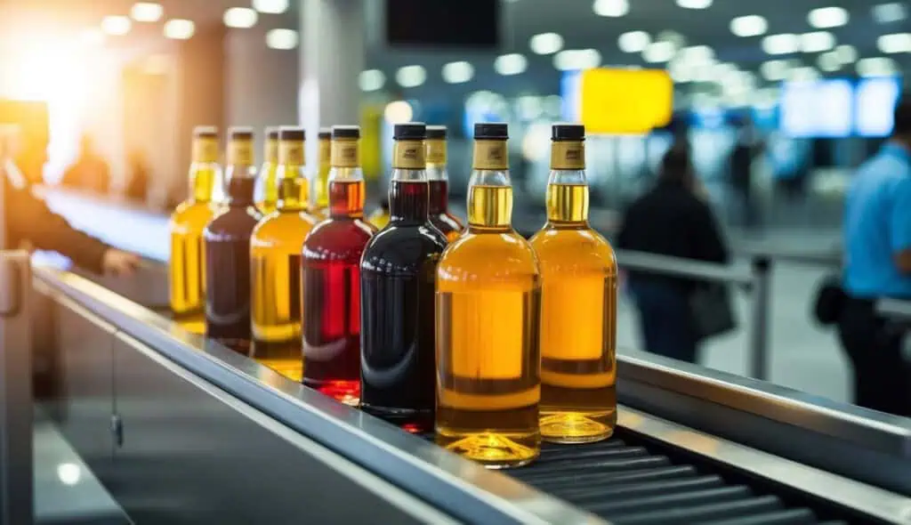 Bottles of duty-free liquids arranged on a conveyor belt, passing through security screening at the airport