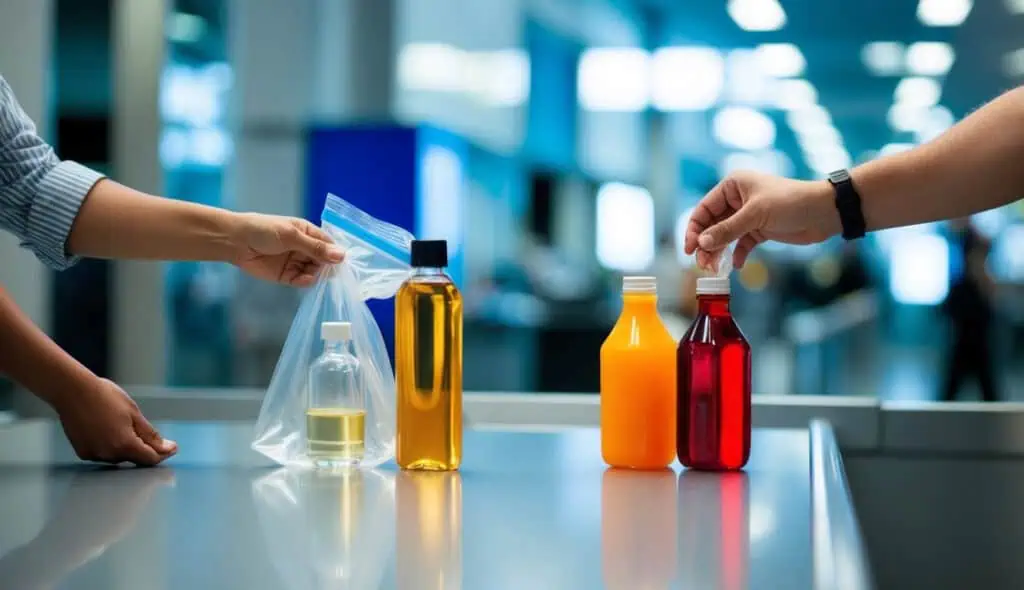 A traveler placing duty-free liquids into a clear plastic bag at airport security