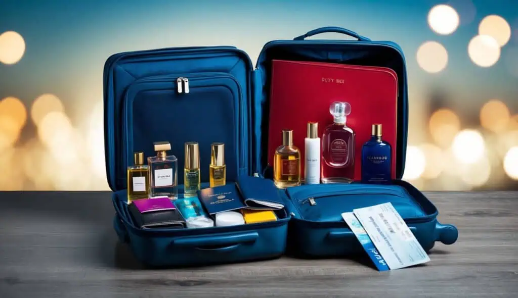 A suitcase open with various duty-free liquids, such as perfume and alcohol, packed inside alongside travel essentials like a passport and boarding pass