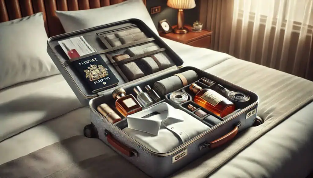 The scene is framed in a 16:9 aspect ratio, with the focus on an opened suitcase resting on a neatly made hotel bed. The suitcase is positioned so that its interior is fully visible, centered in the frame. Inside, various duty-free liquids and cosmetics are arranged carefully, including a bottle of fine perfume with a decorative glass stopper, a slender bottle of premium alcohol with a sleek label, and a small collection of mini toiletry bottles. Nestled among these are standard travel essentials: a passport partially tucked under a corner of a shirt, a boarding pass placed on top, and a pair of neatly rolled socks. Next to them, perhaps a travel-sized shaving kit or makeup bag is visible, and a charger cable is coiled neatly in a side compartment. The suitcase lining has a subtle, stylish pattern—something neutral and modern. The bed beneath is dressed in white linens, and in the soft light of the room, you can just make out the edge of a window and a curtain in the softly focused background, implying that the traveler is in a comfortable, upscale setting before their next journey. The overall mood is organized, inviting, and hints at the excitement of international travel.