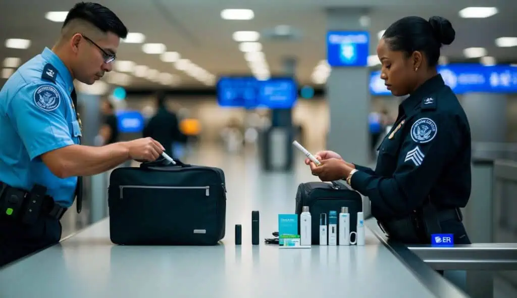 A traveler's carry-on bag contains e-cigarettes and a TSA agent examines the items at an airport security checkpoint