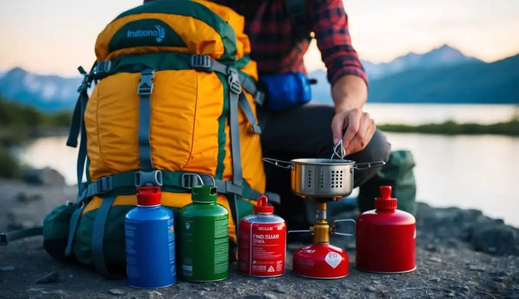 A person packs a backpack with a camping stove, fuel canisters, and other gear, preparing for a trip