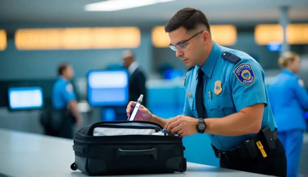 An airport security officer inspecting a carry-on bag with e-cigarettes inside