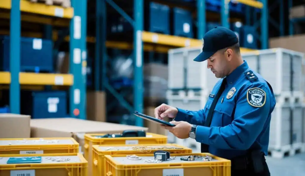 A customs officer inspecting high-value items in a secure warehouse. Items include jewelry, electronics, and luxury goods in labeled crates