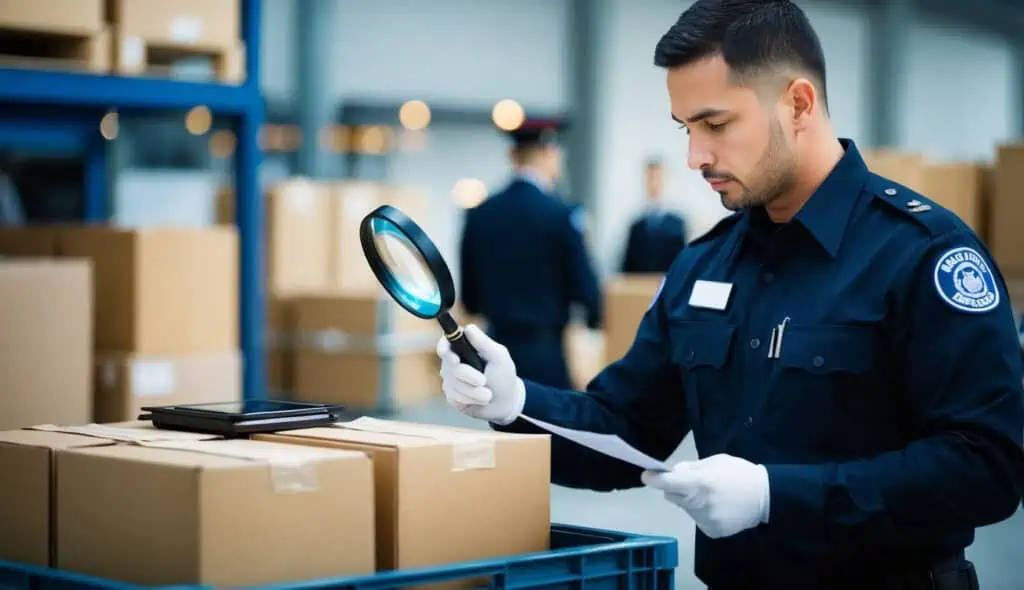 A customs agent inspecting a crate of high-value items with a magnifying glass and a checklist