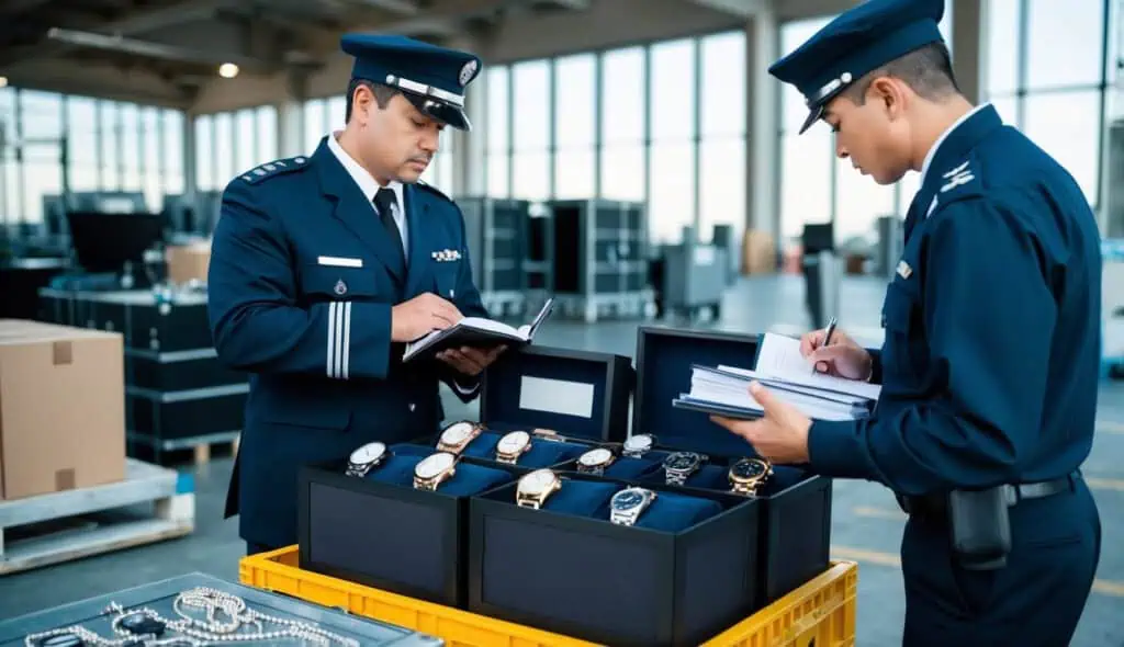 A customs officer inspecting a crate filled with luxury watches, jewelry, and electronics, while consulting a thick book of regulations