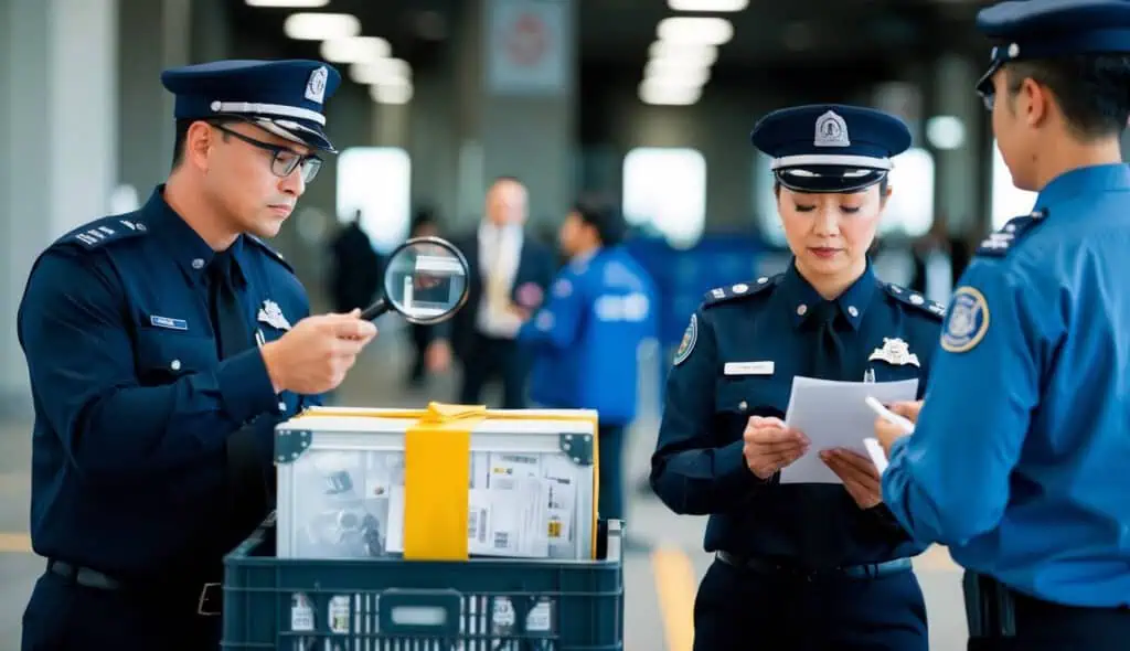 A customs officer inspecting a crate of high-value items with a magnifying glass, while another officer checks the paperwork at a customs checkpoint