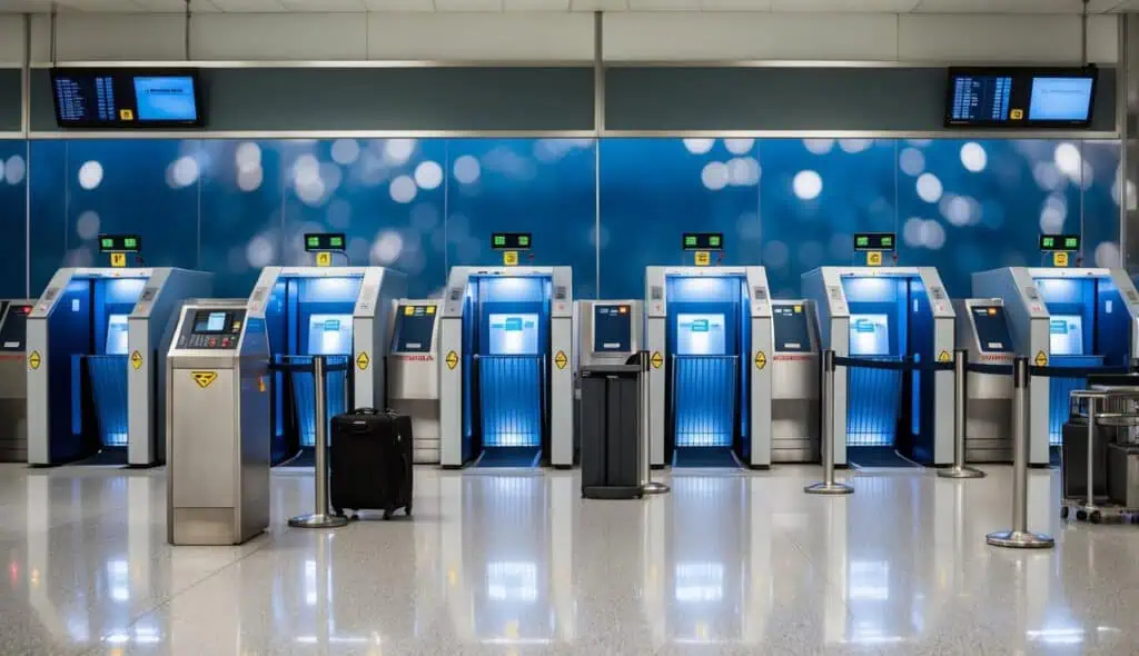 A security checkpoint with X-ray machines, metal detectors, and baggage scanners in an airport