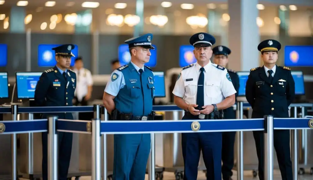 A security screening area with various equipment and personnel in different uniforms, representing different countries