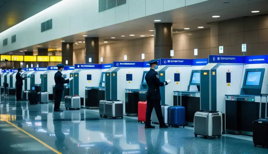 A row of security checkpoints at an international airport, with travelers and luggage passing through scanners and guards monitoring the process